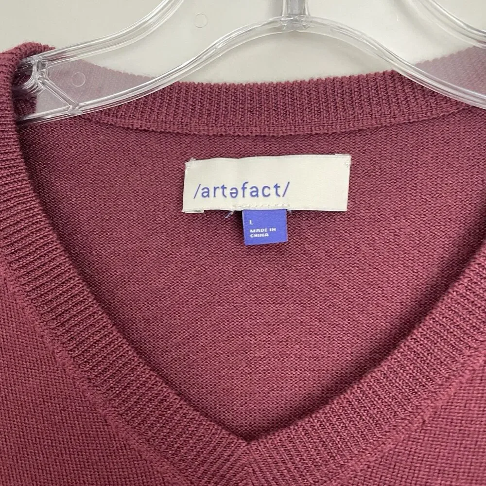 Artefact Size L Mens Burgundy Red V Neck Merino Wool Pullover Sweater